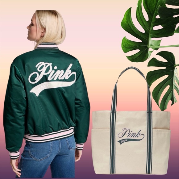NWT VS PINK VARSITY JACKET DEEP IN FOREST LIMITED EDITION LARGE PLUS FREE TOTE - Picture 1 of 16